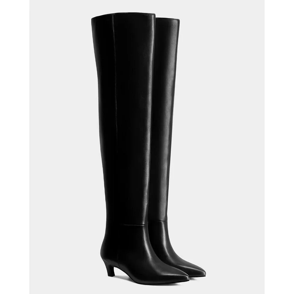 🆕Women Black-wide Calf Polyurethane Over the Knee Pointed Toe Block Heel Boot
